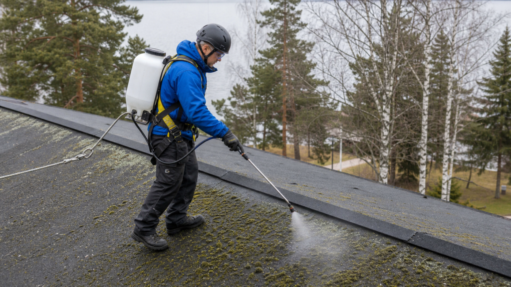 Kattohuoltaja levittämässä sammaleenpoistoainetta huopakatolle reppuruiskulla, turvavaljaat päällä.